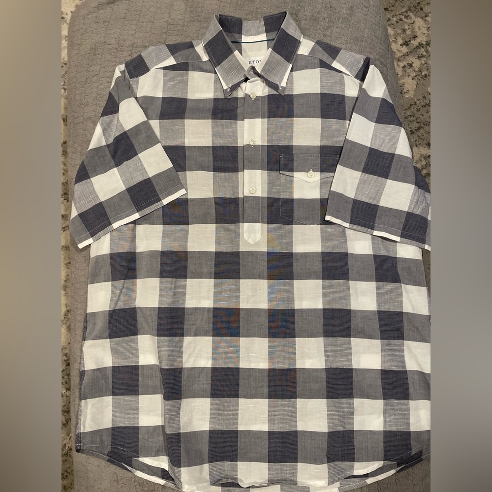 Eton Men's Plaid Linen Poplin Shirt - Gray/White Overcheck Size Large 16.5 42
